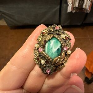 Vintage Art Nouveau Brooch Czech Jade/Purple rhinestones/Faux Pearls BRASS